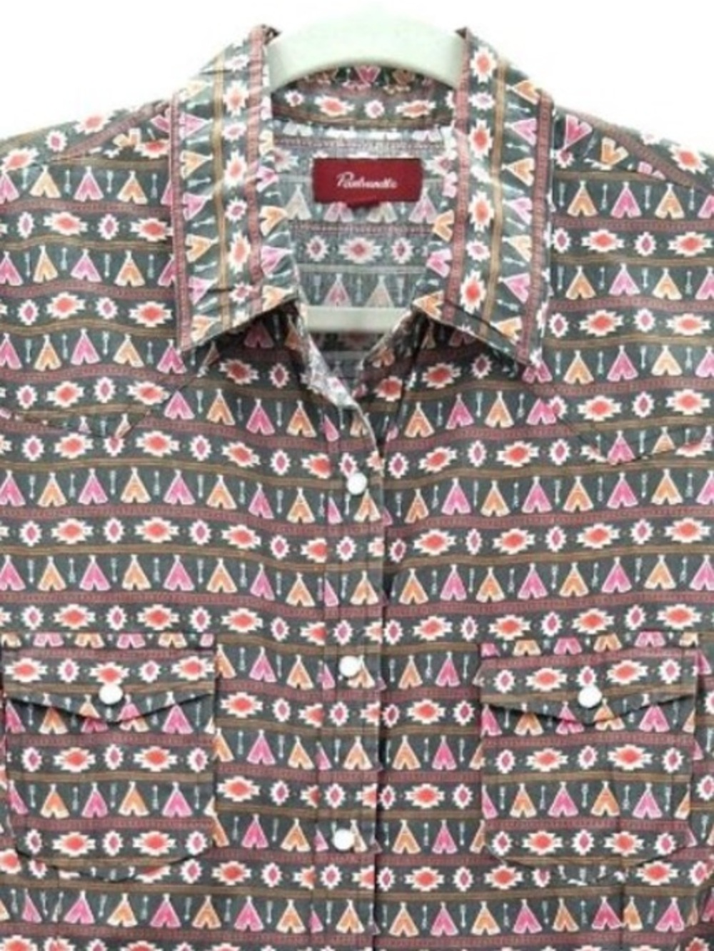 Panhandle Pearl Snap Shirt Size Large Tee Pee Print Cotton Long Sleeve Western